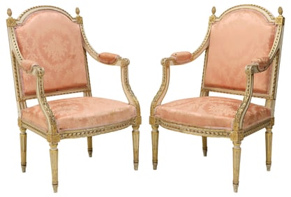 (2) FRENCH LOUIS XVI STYLE PARCEL-GILT & PAINTED FAUTEUILS