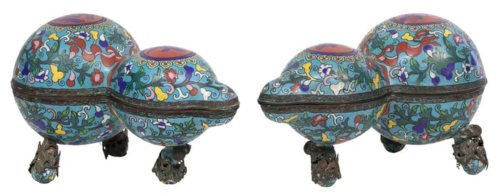 (2) CHINESE CLOISONNE ENAMEL HULU-FORM 'DA JI DA LI' BOXES