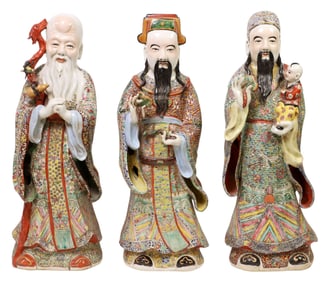 (3) CHINESE FAMILLE ROSE PORCELAIN SANXING DEITY FIGURES