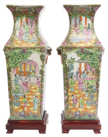 (2) CHINESE ROSE MEDALLION PORCELAIN SQUARE VASES ON STANDS