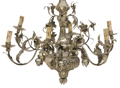 ITALIAN SILVERED METAL FLORAL SIX-LIGHT CHANDELIER