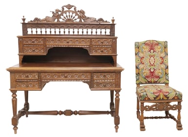 (2) FRENCH BRETON CARVED OAK WRITING DESK & SIDE CHAIR