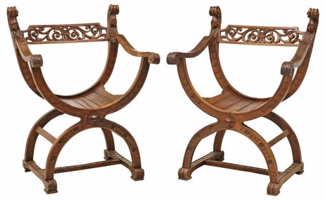 (2) FRENCH DAGOBERT STYLE CARVED WALNUT CURULE CHAIRS