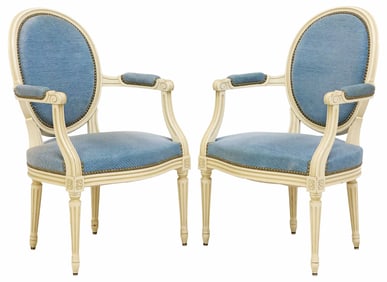 (2) FRENCH LOUIS XVI STYLE WHITE-PAINTED UPHOLSTERED FAUTEUILS