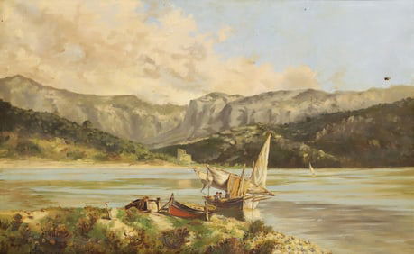 SIGNED SPANISH SCHOOL PAINTING, COASTAL SEASCAPE WITH SAILBOATS