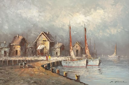 SIGNED M. BLAKE (20TH C.) PAINTING, HARBOR SCENE WITH SAILBOATS, 24" X 36"