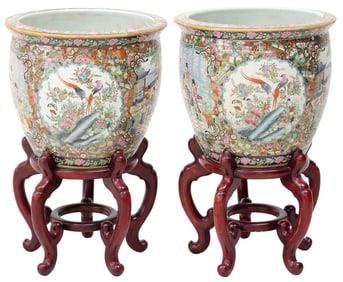 (2) CHINESE ROSE MEDALLION PORCELAIN FISH BOWLS ON STANDS