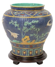 LARGE CHINESE CARVED PORCELAIN VASE WITH CRANES ON STAND