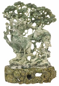 LARGE CHINESE CARVED JADE SCULPTURE ON STAND, TWO CRANES, 20.5"H