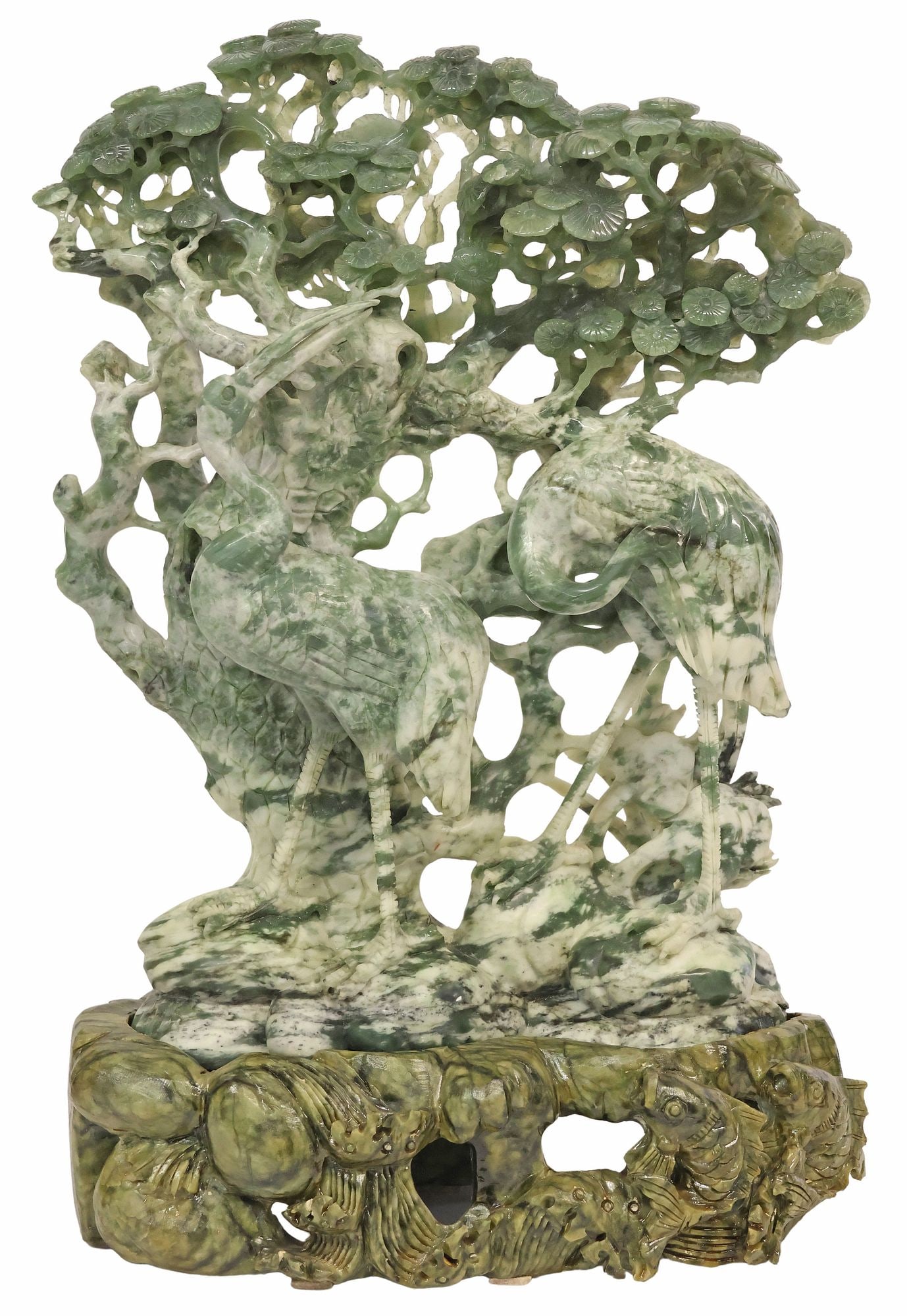 LARGE CHINESE CARVED JADE SCULPTURE ON STAND, TWO CRANES, 20.5"H (1 of 7)