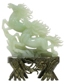 CHINESE CARVED JADE SCULPTURE ON STAND, TWO RUNNING HORSES
