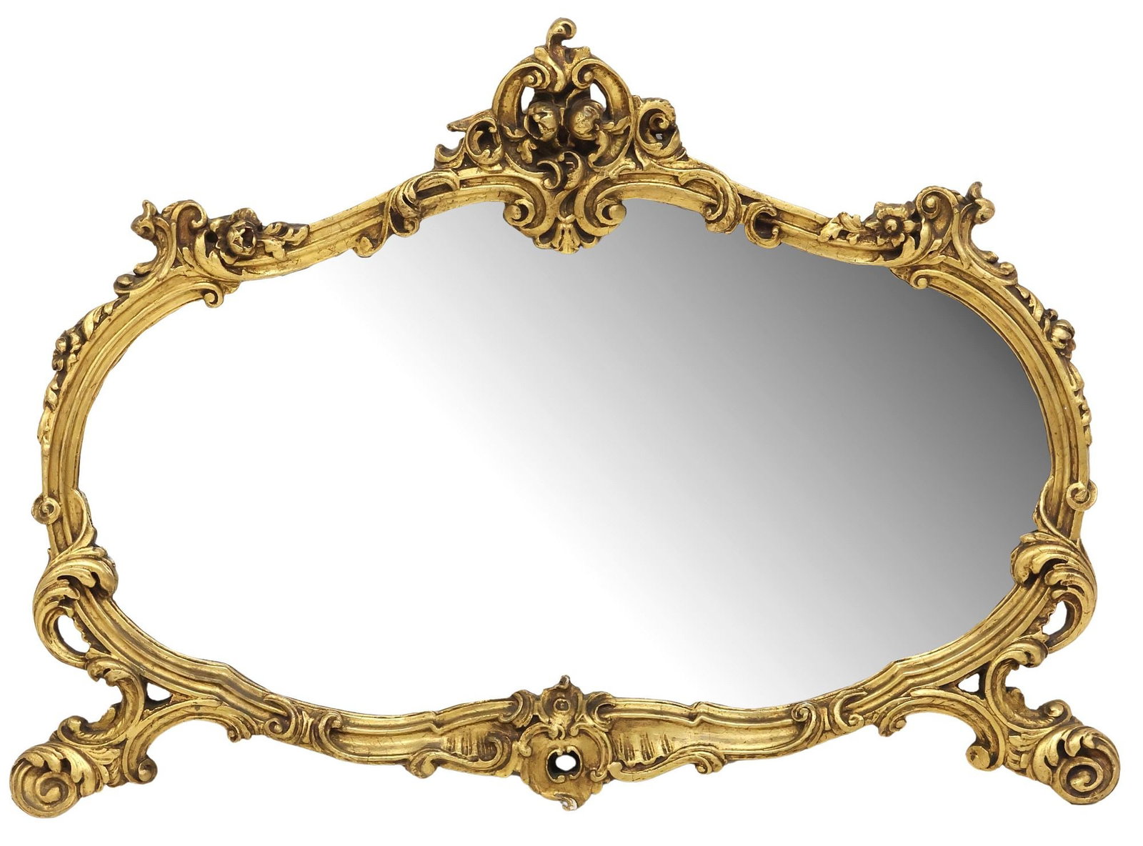 ITALIAN LOUIS XV STYLE GILTWOOD OVERMANTEL MIRROR: Italian Louis XV style giltwood overmantel mirror, 20th c., having scrolled floral crest, over shaped frame, encasing flat mirror plate, approx 34"h, 48"w, 29lbs