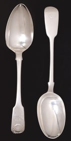 (2) ENGLISH STERLING SILVER FIDDLE BACK TABLESPOONS, (1) NEWCASTLE