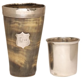 (2) ENGLISH STERLING-MOUNTED HORN CUP & FRENCH .950 SILVER TIMBALE CUP