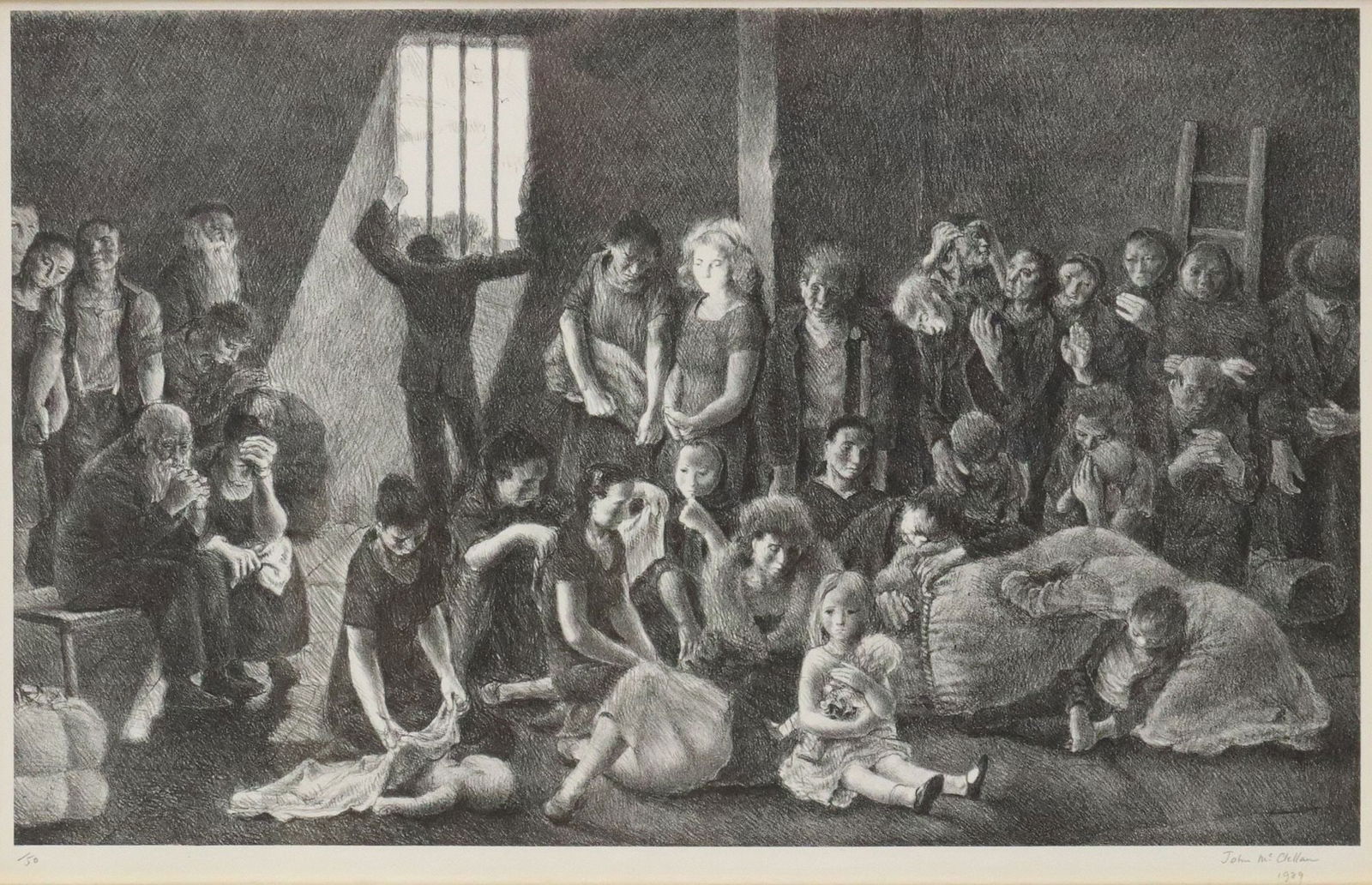JOHN McCLELLAN (1908-1986) LITHOGRAPH IMPRISONED PEOPLE, 1939: Framed lithograph on paper, "Imprisoned People," pencil signed lower right John McClellan (John Ward McClellan, American, 1908-1986), dated 1939, from an edition of fifty, retaining gallery label from