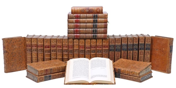 (37) FRENCH LEATHER-BOUND LIBRARY SHELF BOOKS, LITERATURE, TRAVEL & DRAMA