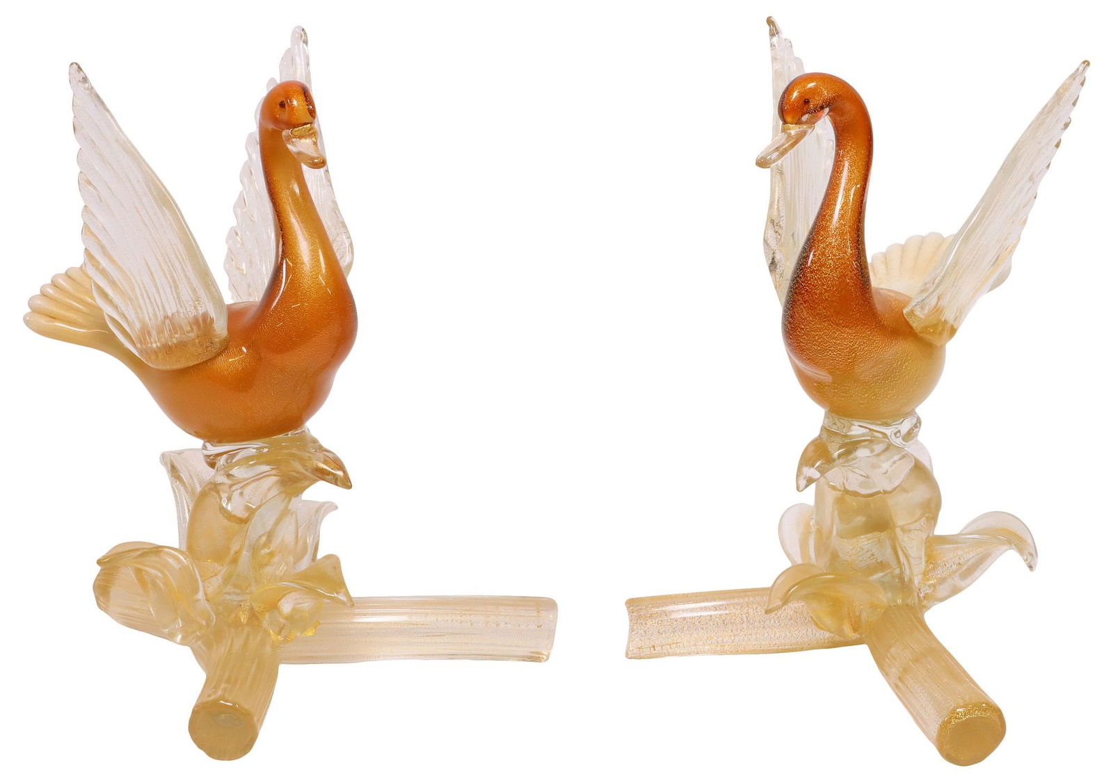 (2) LARGE SALVIATI (ATTRIB.) MURANO ART GLASS SWAN SCULPTURES, 12"H