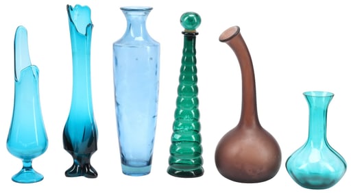 (6) MID-CENTURY MODERN COLORED GLASS VASES & DECANTER