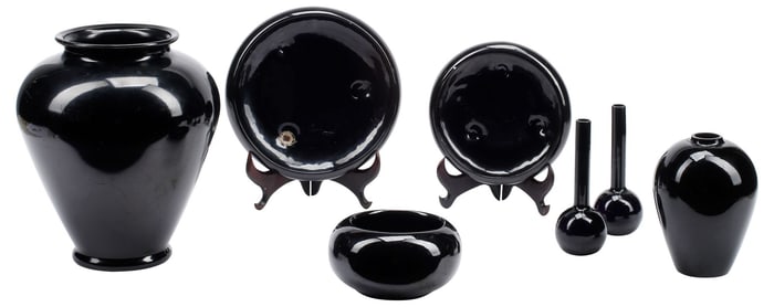 (7) COLLECTION OF BLACK GLASS VASES & BOWLS