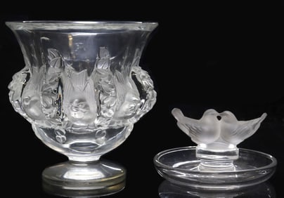 (2) FRENCH LALIQUE FROSTED ART CRYSTAL 'DAMPIERRE' VASE & 'LOVEBIRDS' RING TRAY