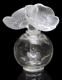 FRENCH LALIQUE ART CRYSTAL 'DEUX ANEMONE' PERFUME BOTTLE & STOPPER