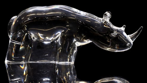 LARGE JOEL SMITH FOR STEUBEN COLORLESS ART GLASS RHINO FIGURE