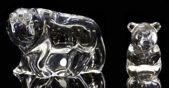 (2) STEUBEN COLORLESS ART GLASS KODIAK BEAR & CUB PAPERWEIGHTS