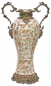 LARGE WONG LEE PORCELAIN & BRONZE FLORAL FLOOR VASE, 30"H
