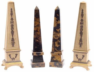 (4) GRAND TOUR STYLE BISQUE PORCELAIN & STONE OBELISKS, TWO PAIRS