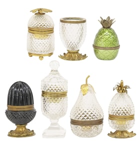 (7) FRENCH CUT CRYSTAL & GILT-METAL TABLE ARTICLES, 1 EVANS ENAMEL LIGHTER