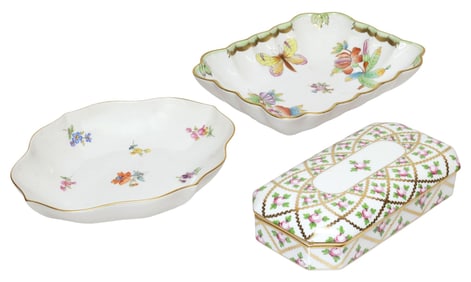 (3) HEREND PORCELAIN 'QUEEN VICTORIA' DISH & 'SPROG' BOX, MEISSEN SWEETMEAT