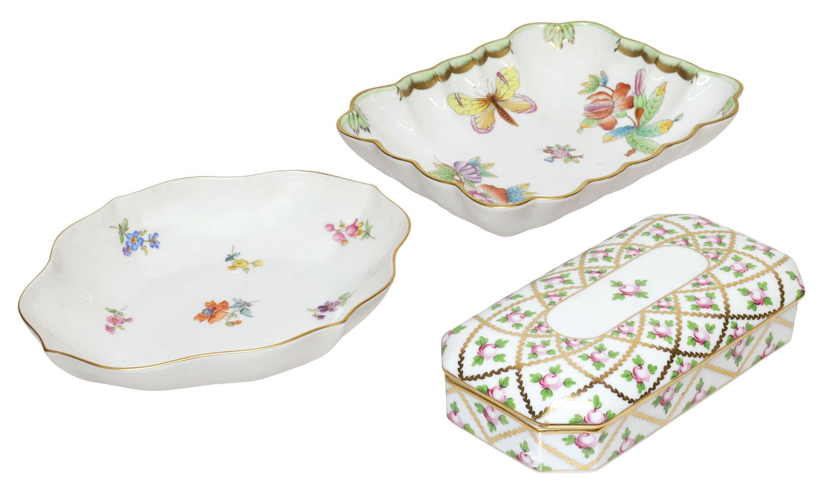 (3) HEREND PORCELAIN 'QUEEN VICTORIA' DISH & 'SPROG' BOX, MEISSEN SWEETMEAT (1 of 6)
