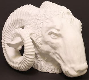 LARGE CAST PLASTER RAM'S HEAD SCULPTURE, 11.5"H