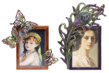 (2) JAY STRONGWATER PEACOCK FEATHER & BUTTERFLY PICTURE FRAMES