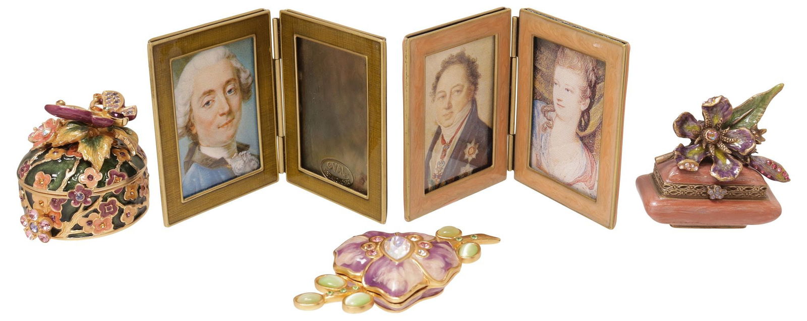(5) JAY STRONGWATER ENAMEL & SWAROVSKI CRYSTAL BOXES, FRAMES, & PERFUME COMPACT: (lot of 5) Jay Strongwater polychrome-enameled metal giftware and table ornaments, each embellished with Swarovski crystals, with impressed maker's mark, including: (2) trinket or pill boxes, (one) wi