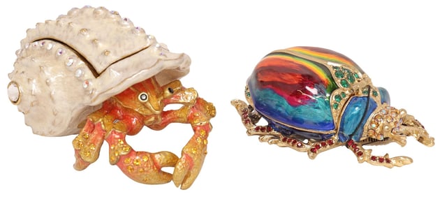 (2) JAY STRONGWATER ENAMEL & CRYSTAL HERMIT CRAB & BEETLE TRINKET BOXES