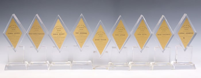 (9) ACRYLIC DIAMOND-FORM TROPHIES, WOMEN IN MEDIA DIAMOND AWARD