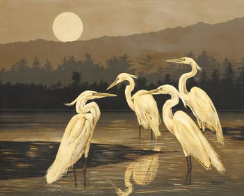 LETTERMAN SCREENPRINT ON CANVAS SNOWY EGRETS, 48" X 60"