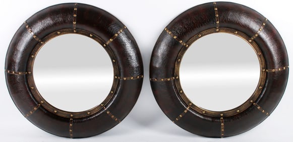 (2) PORTUGUESE STYLE STUDDED FAUX LEATHER MIRRORS, 39"DIAM