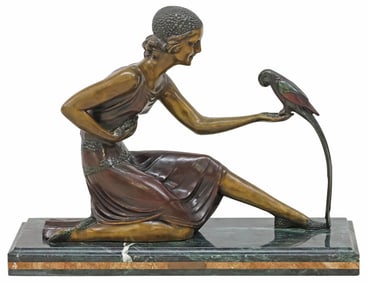 AFTER D.H. CHIPARUS ART DECO STYLE BRONZE SCULPTURE, WOMAN WITH BIRD