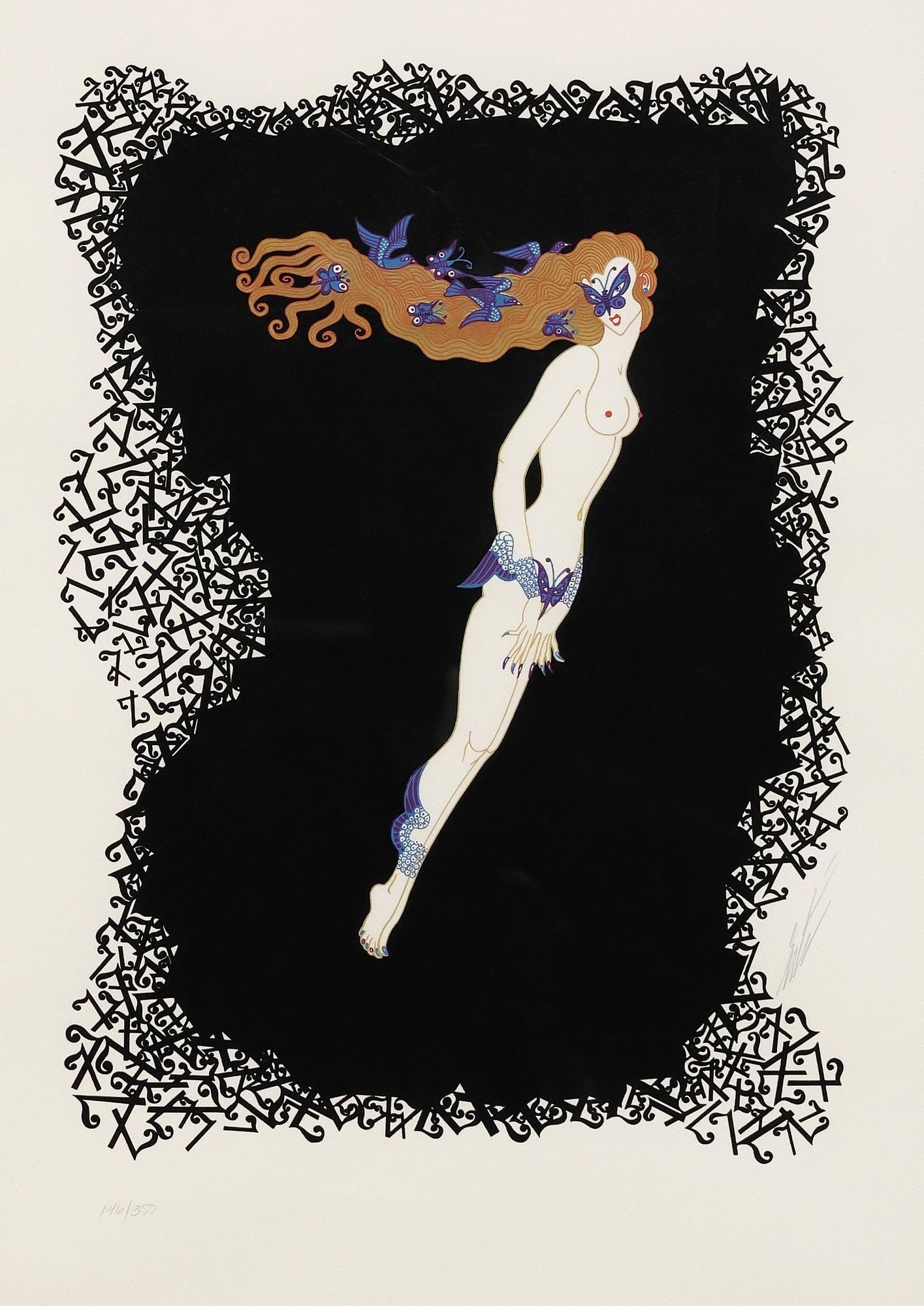 ERTE (ROMAIN DE TIRTOFF) ART DECO STYLE NUMBER SERIGRAPH '7': Framed embossed serigraph in colors on paper, "7," from the Numbers series, signed lower right Erte (Romain de Tirtoff, Russian-born French, 1892-1990), numbered 146/ 350, accompanied by a print docum