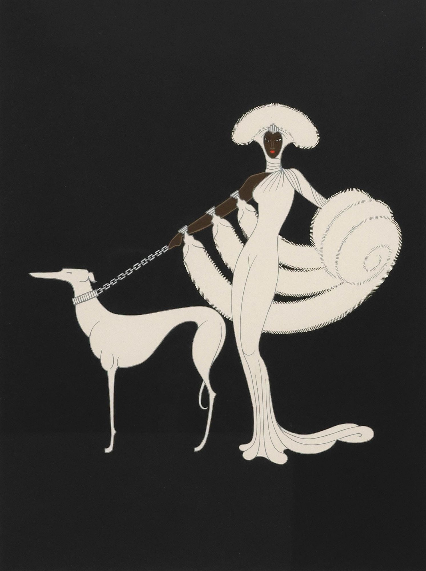 ERTE (ROMAIN DE TIRTOFF) ART DECO STYLE SERIGRAPH 'EBONY & WHITE': Framed serigraph in colors on paper, "Ebony and White," signed lower right Erte (Romain de Tirtoff, Russian-born French, 1892-1990), numbered 248/ 300, Austin Galleries label verso, sight: approx 25"h