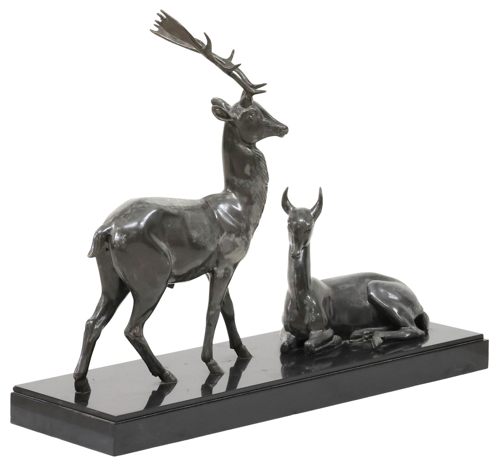 FRENCH IRENEE ROCHARD (1906-1984) ART DECO WILDLIFE DEER SCULPTURE: Large French Art Deco patinated metal wildlife sculpture, early 20th c., signed on base Rochard (Irenee Rochard, French, 1906-1984), depicting a female and male deer, rising on integral black marble b