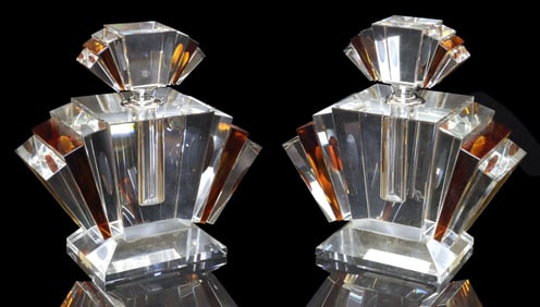 (2) LARGE ART DECO STYLE AMBER GLASS FAN-FORM SCENT BOTTLES, 9"H