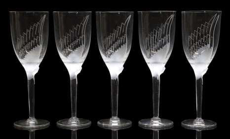(5) FRENCH LALIQUE ART CRYSTAL 'ANGEL' FLUTED CHAMPAGNE GLASSES