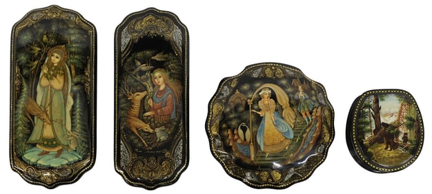 (4) RUSSIAN PALEKH SCHOOL LACQUER PAPIER-MACHE FAIRY TALE BOXES