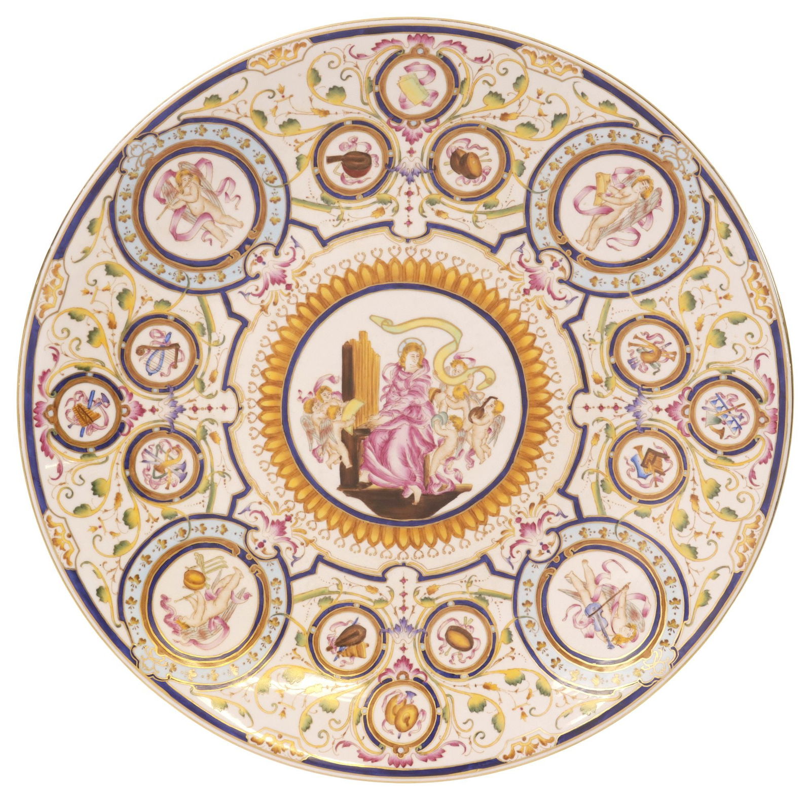 LARGE RENAISSANCE STYLE PARCEL-GILT PORCELAIN CHARGER, ST. CECILIA: Large Renaissance style parcel-gilt porcelain charger, central roundel depicting Saint Cecilia playing the organ with celestial angels, surrounded by musical cherubs and instrument motifs on scrolled