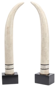 (2) LARGE TILED & INLAID MOTHER-OF-PEARL  FAUX TUSKS, 34"H
