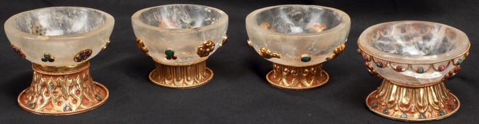 (4) GILT-METAL & GEM-ENCRUSTED ROCK CRYSTAL BOWLS