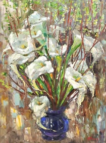 ELENA BOND (B.1965) PALETTE KNIFE PAINTING CALLA LILIES, 48" X 36"